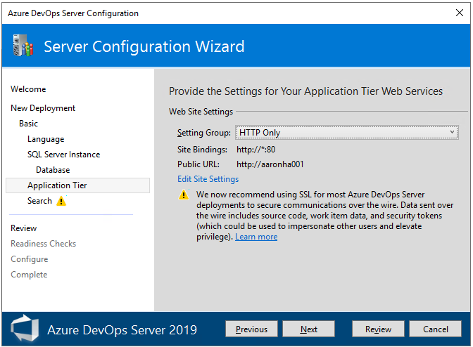 Screenshot of Server Configure Wizard, Application Tier page, 2022.