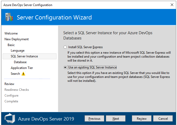SScreenshot of SQL Server Instance page.
