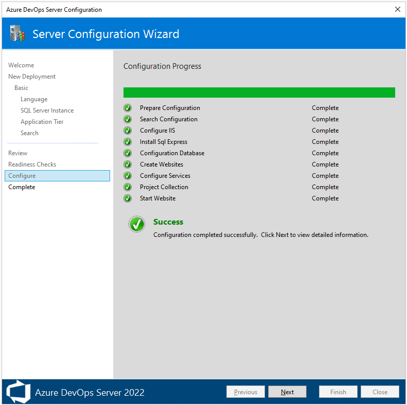 Screenshot of Server Configure Wizard, Configuration page, configuration progress, 2022.