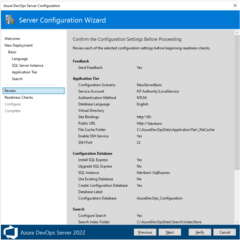 Screenshot of Server Configure Wizard, Review page, 2022.
