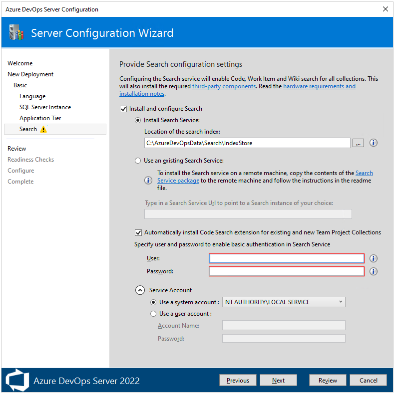 Screenshot of Server Configure Wizard, Search page, 2022.