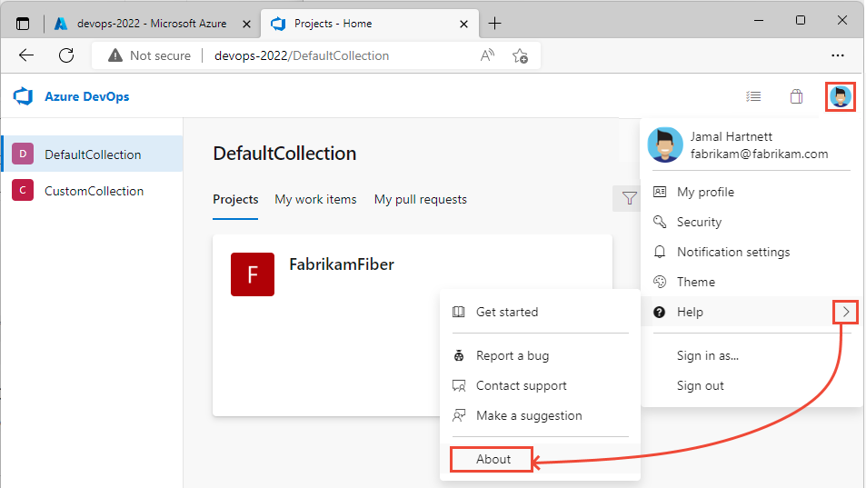 Screenshot that shows how to open the About page for Azure DevOps Server from the user Profile menu in Azure DevOps.