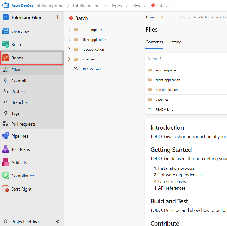 Screenshot of the Azure Repos landing page showing the 'main' branch in the repo with folders and a README file.