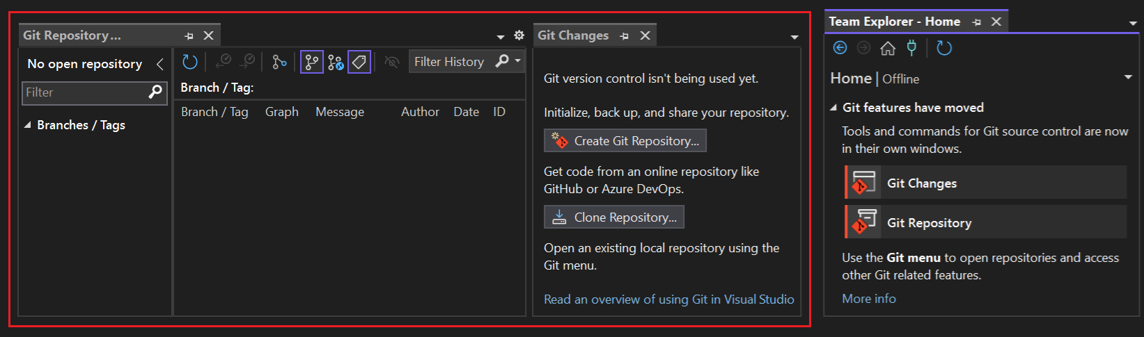 Screenshot of Visual Studio 2022 showing the Team explorer pane, the Git Changes pane, and the Git Repository pane.