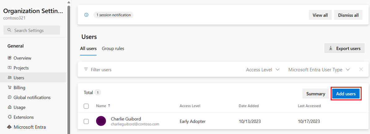 Screenshot showing the Users page, with Add user highlighted.