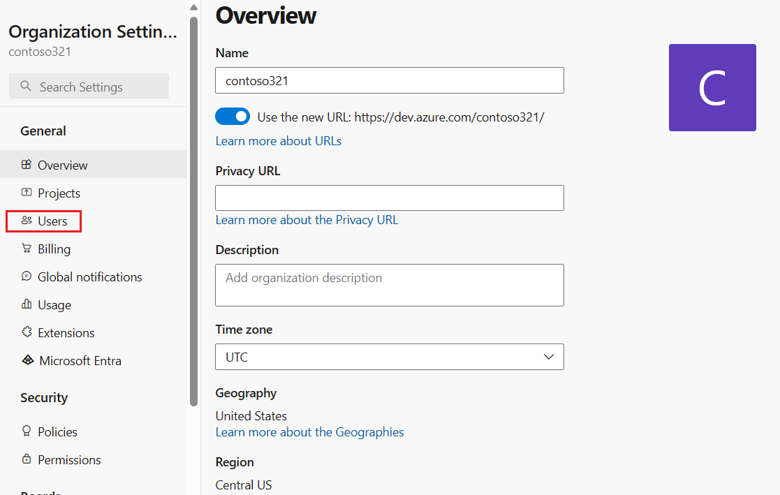 Screenshot showing the Organization overview page, with Users highlighted.