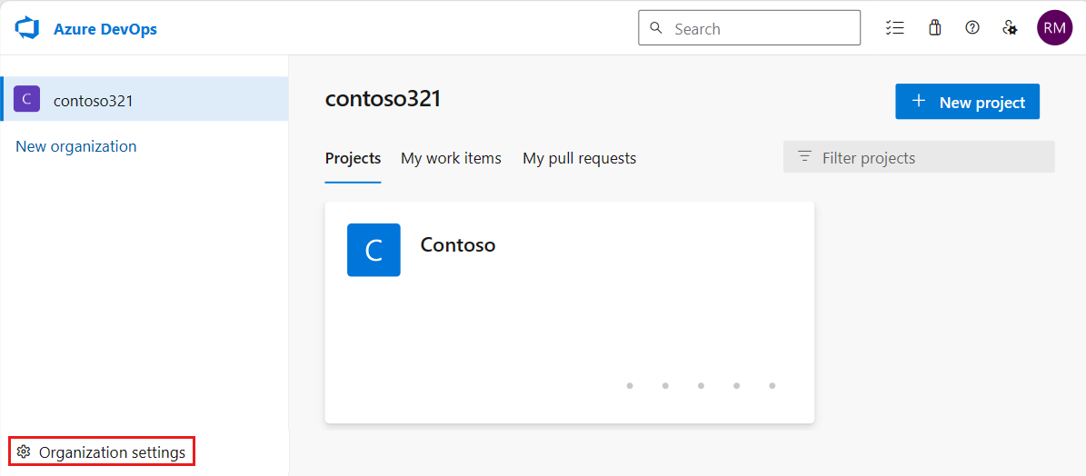 Screenshot showing the Azure DevOps organization page. Organization settings is highlighted.