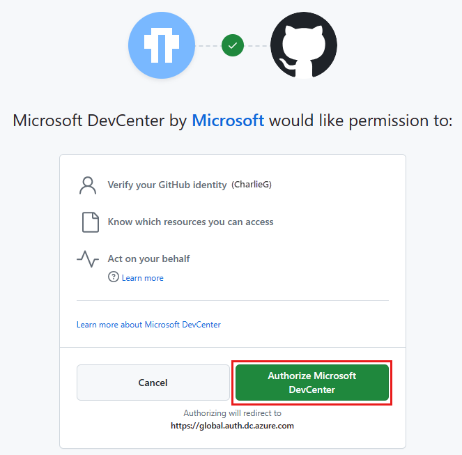Screenshot of the Microsoft DevCenter by Microsoft would like permission to page.