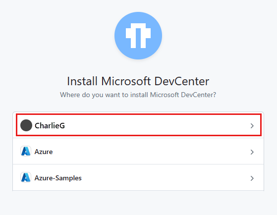 Screenshot of the Install Microsoft DevCenter page. A GitHub organization is highlighted.