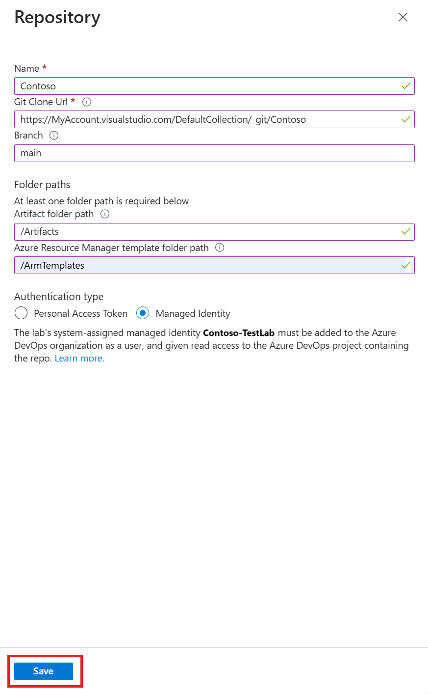 Screenshot that shows the steps for adding an artifact repository to a lab.