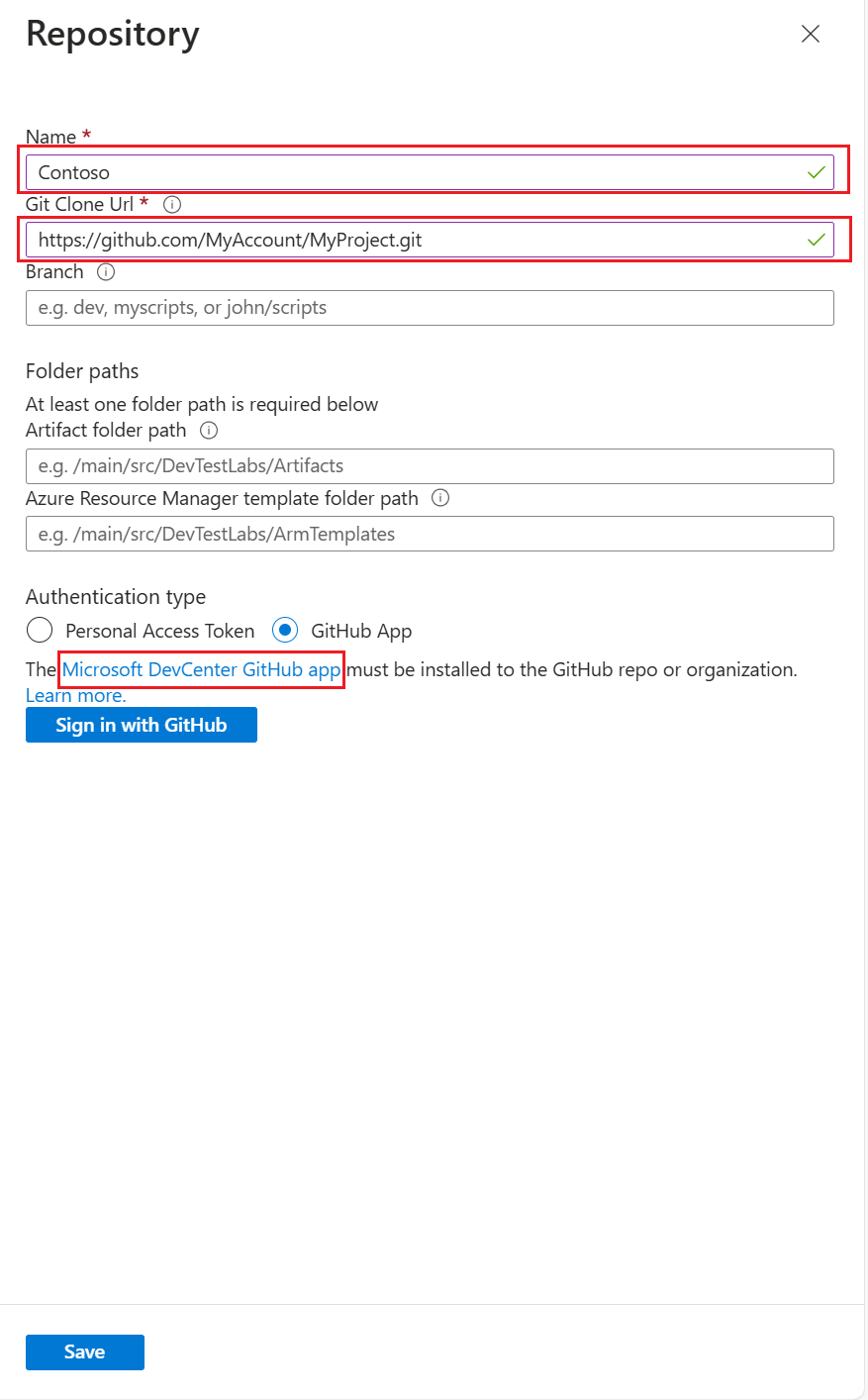 Screenshot that shows the fields for adding a repo and the link for installing the DevCenter GitHub app.