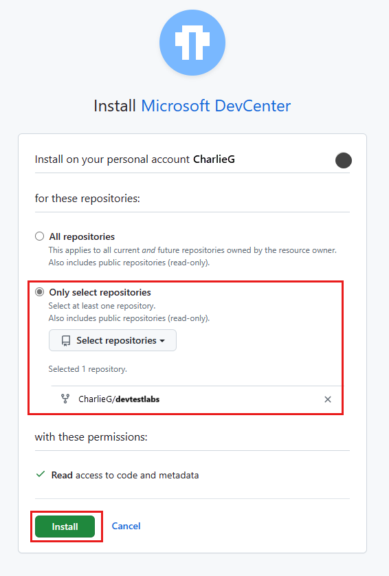 Screenshot of the Install Microsoft DevCenter page. One repository is selected.