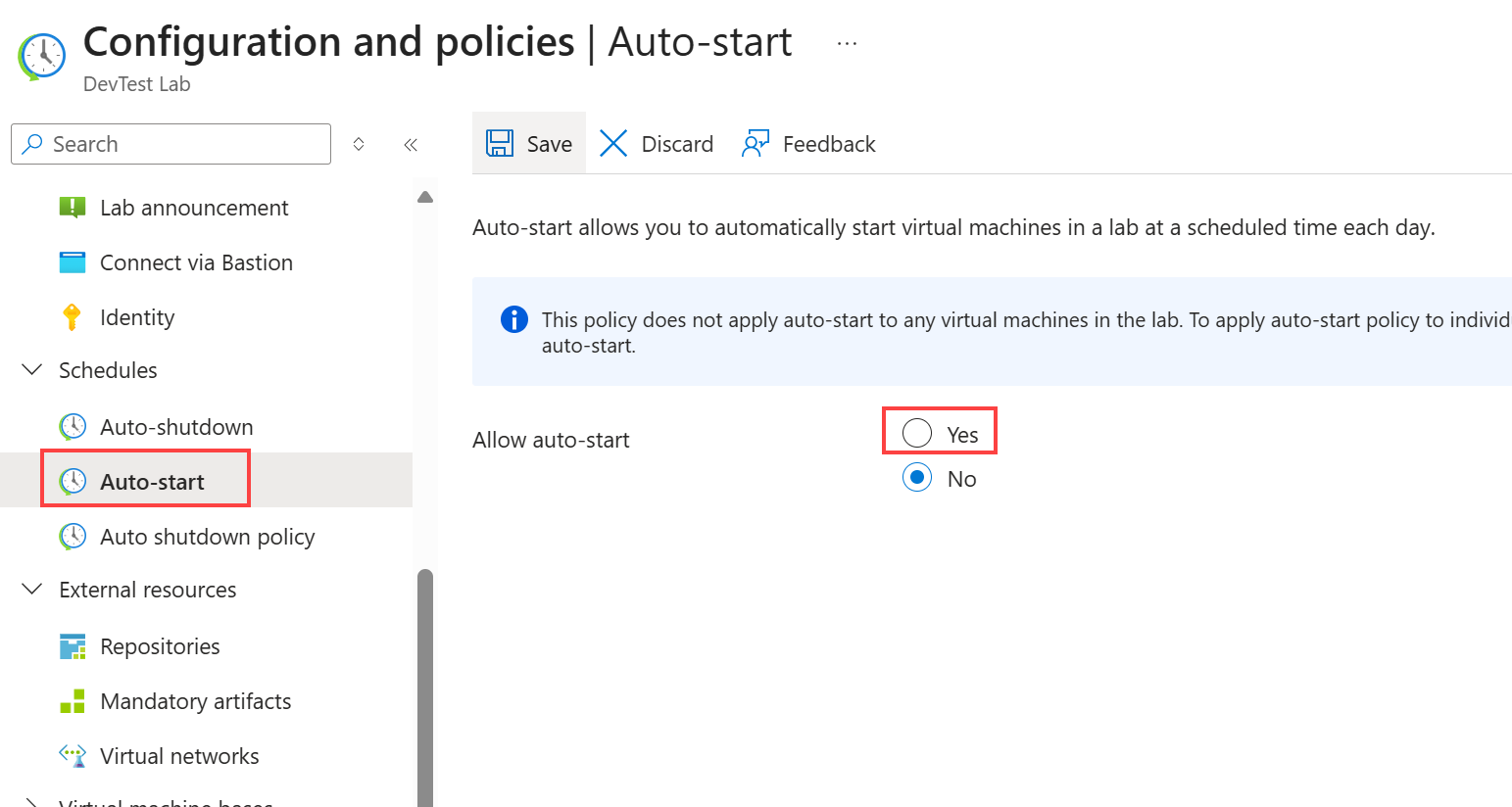 Screenshot of Auto-start option under Schedules.