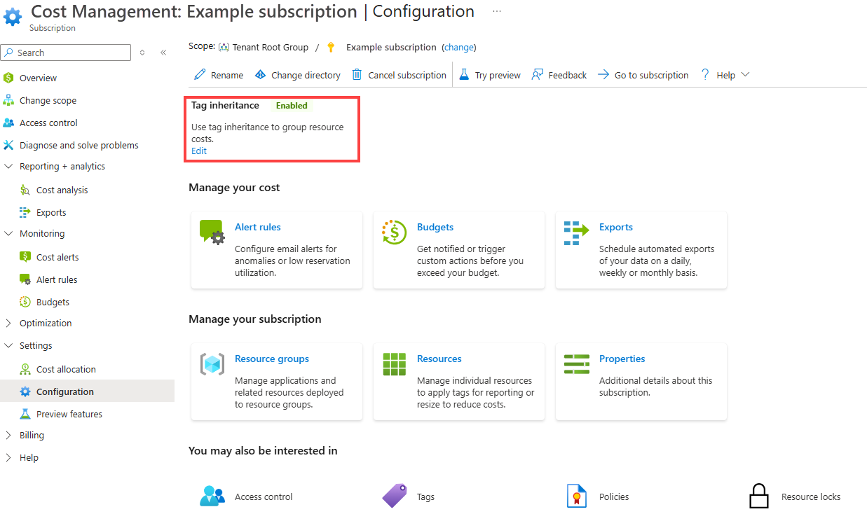 Screenshot that shows that Tag inheritance is Enabled for Cost Management in the Azure portal.