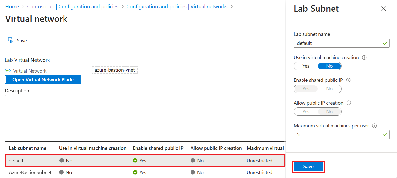 Screenshot that shows how to select the subnet for the new virtual network for the lab.
