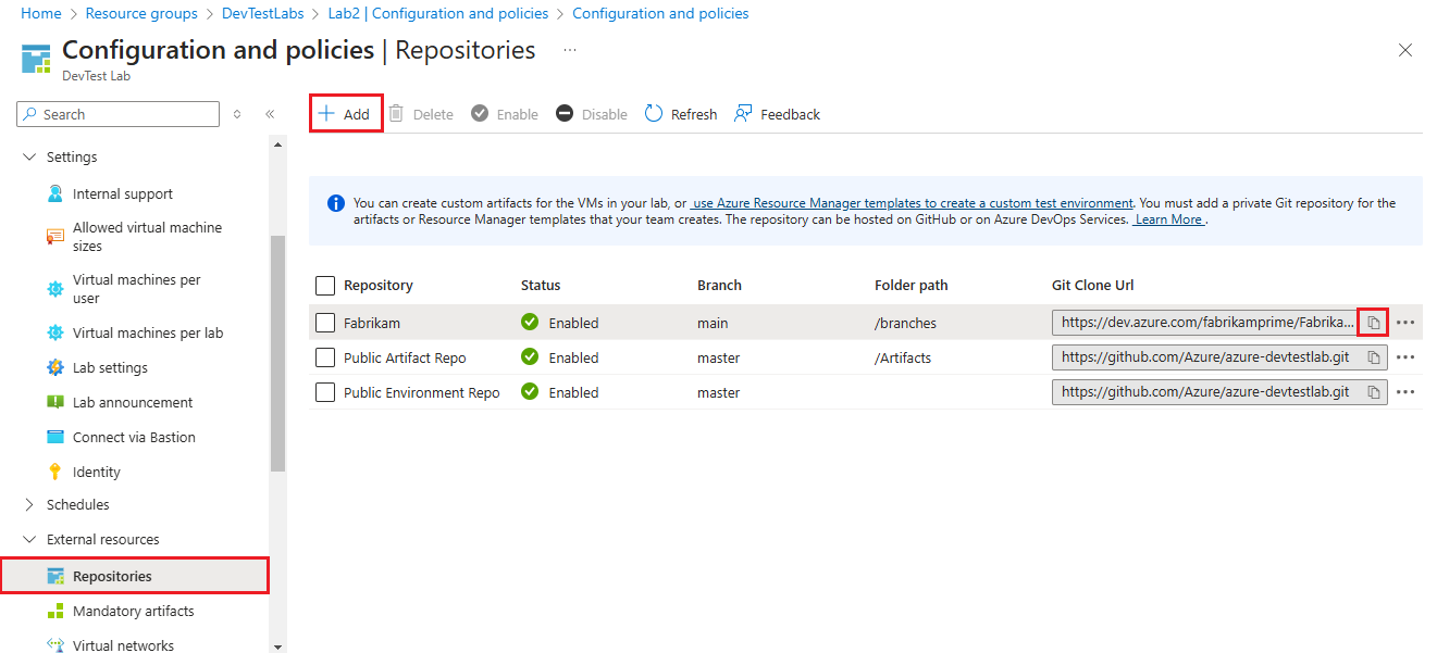 Screenshot that shows the Repositories configuration screen.