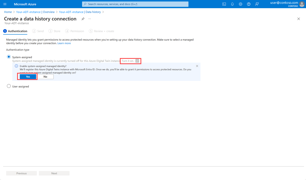 Screenshot of the Azure portal showing the first step in the data history connection setup, Authentication.