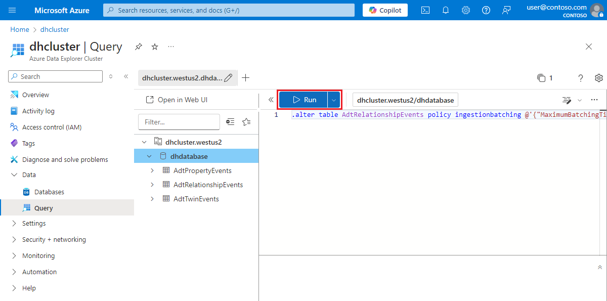 Screenshot of the Azure portal showing the query view for the database. The Run button is highlighted.