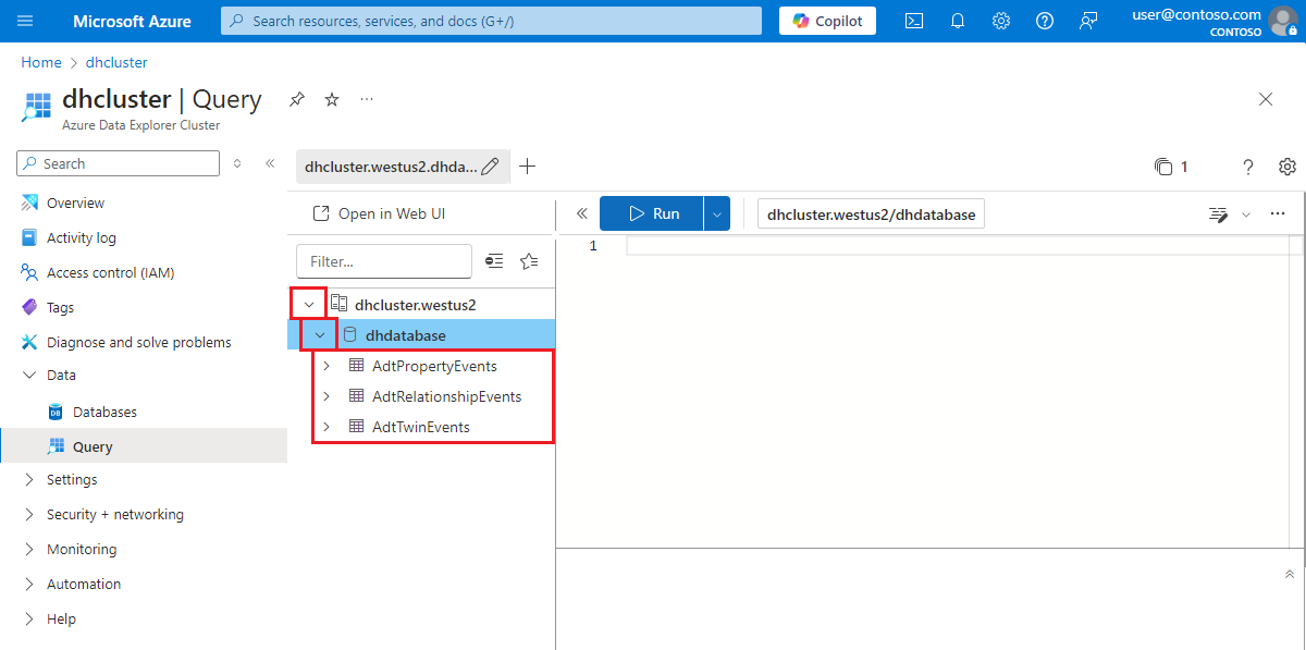 Screenshot of the Azure portal showing the query view for the database. The names of the data history tables are highlighted.