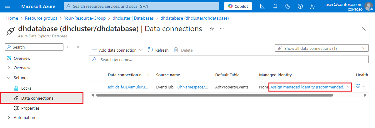 Screenshot of the option to assign a managed identity to a data connection in the Azure portal.