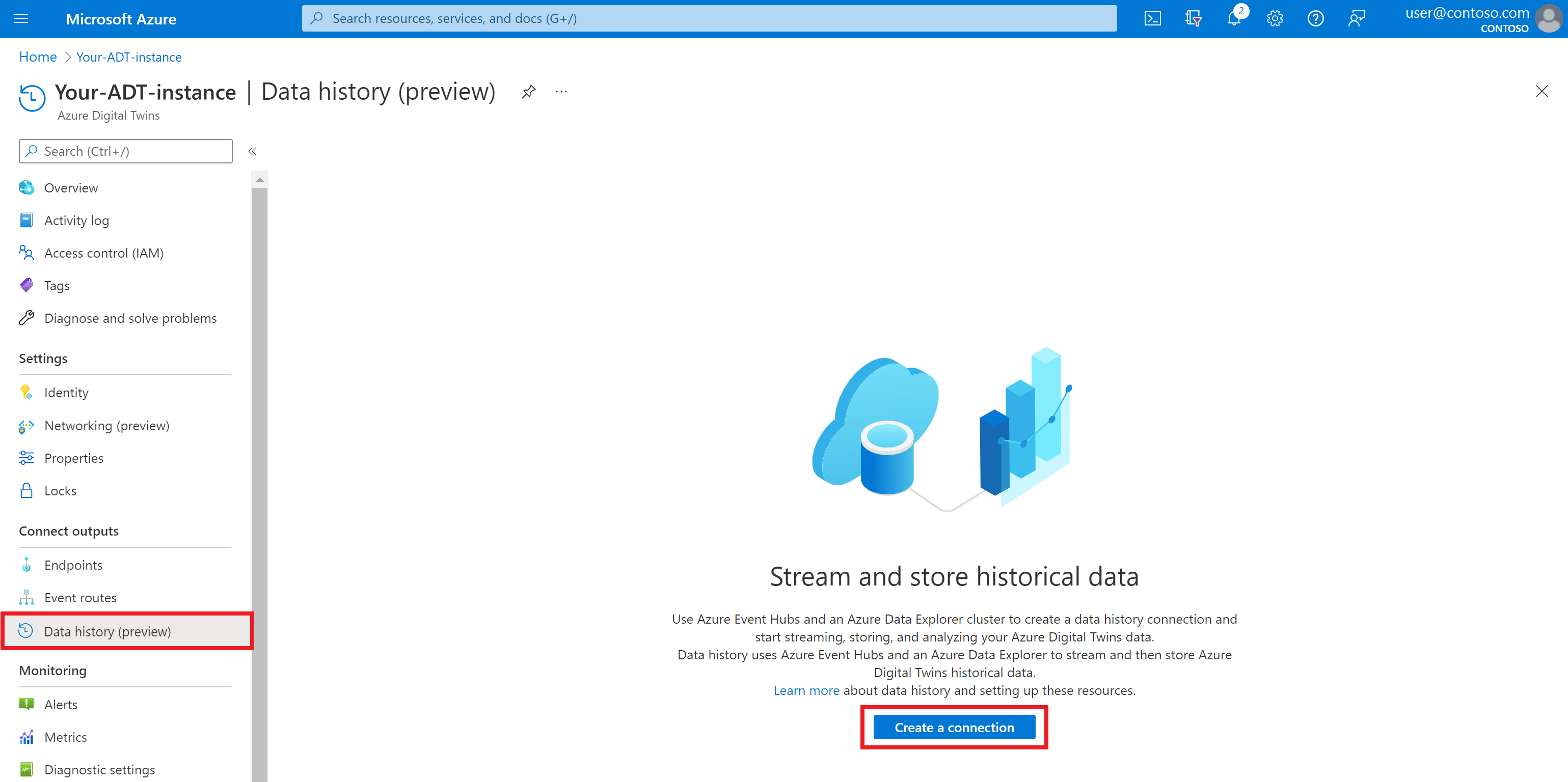 Screenshot of the Azure portal showing the data history option in the menu for an Azure Digital Twins instance.