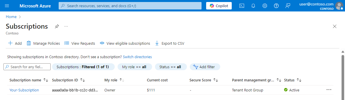 Screenshot of the Subscriptions page in the Azure portal, showing user as an owner.