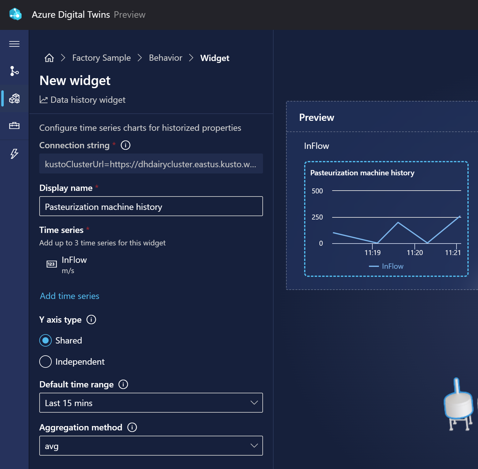 Screenshot of creating a new data history widget in 3D Scenes Studio.