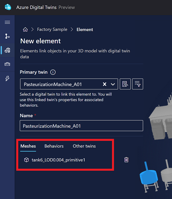 Screenshot of the New element options in 3D Scenes Studio. The Meshes tab is highlighted.