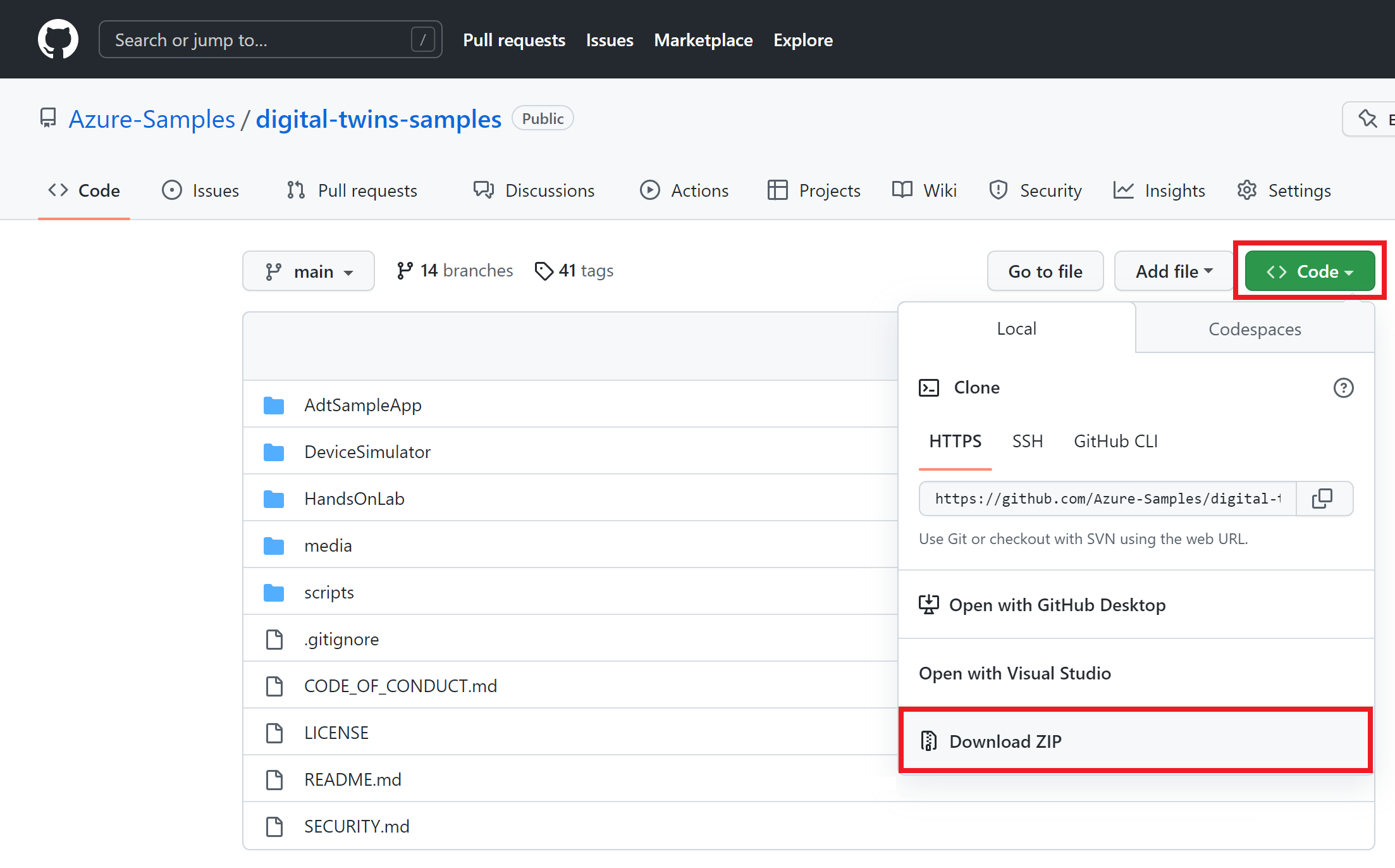 Screenshot of the digital-twins-samples repo on GitHub, highlighting the steps to download it as a zip.