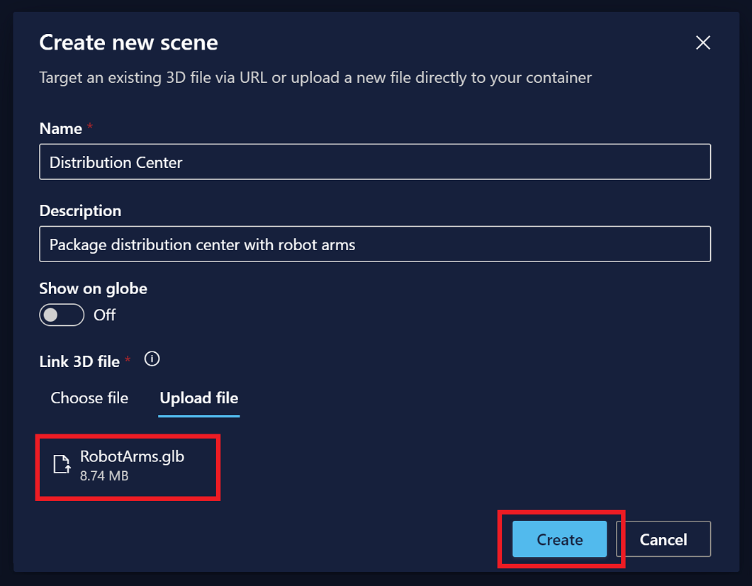 Screenshot of creating a new scene in 3D Scenes Studio. The robot arms file is uploaded and the Create button is highlighted.