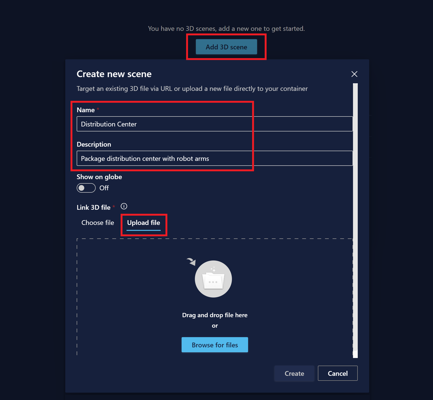 Screenshot of the Create new scene process in 3D Scenes Studio.