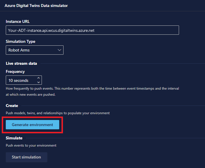 Screenshot of the Azure Digital Twins Data simulator. The Generate environment button is highlighted.