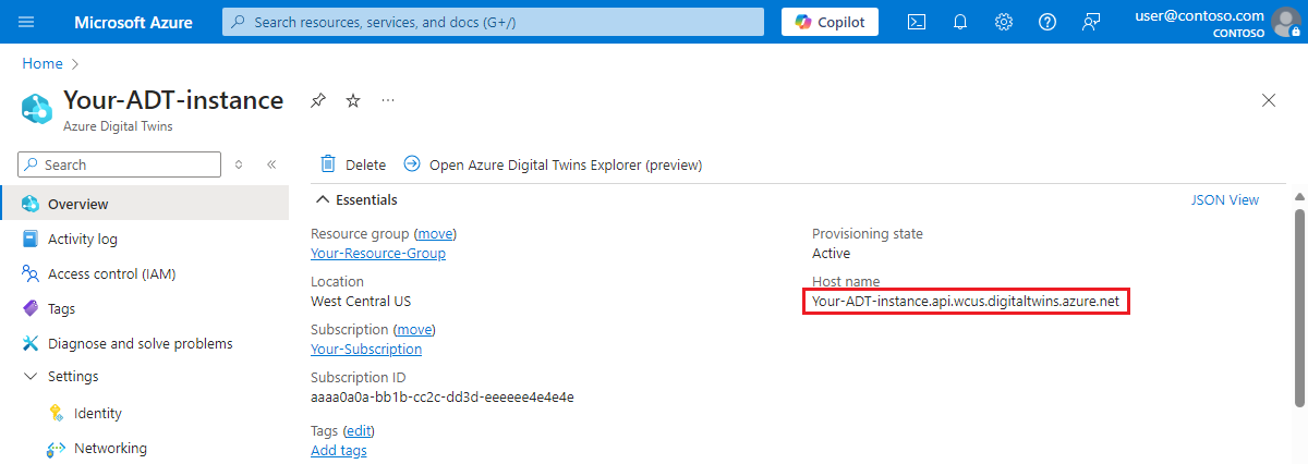 Screenshot of the Azure portal showing the Overview page for an Azure Digital Twins instance. The host name is highlighted.
