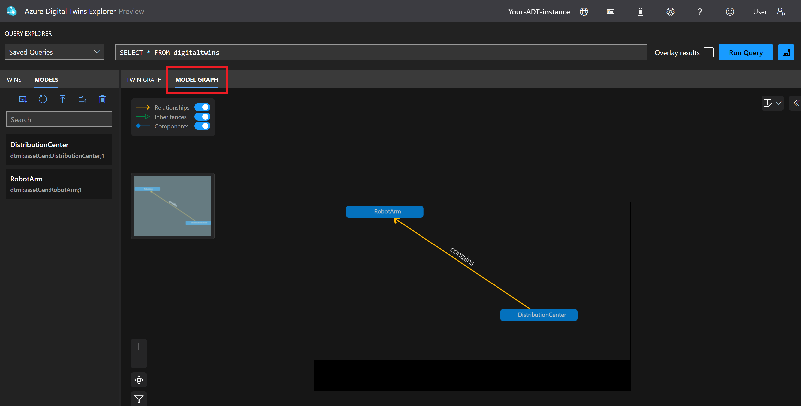 Screenshot of the Azure Digital Twins Explorer highlighting the Model Graph button for the view pane.