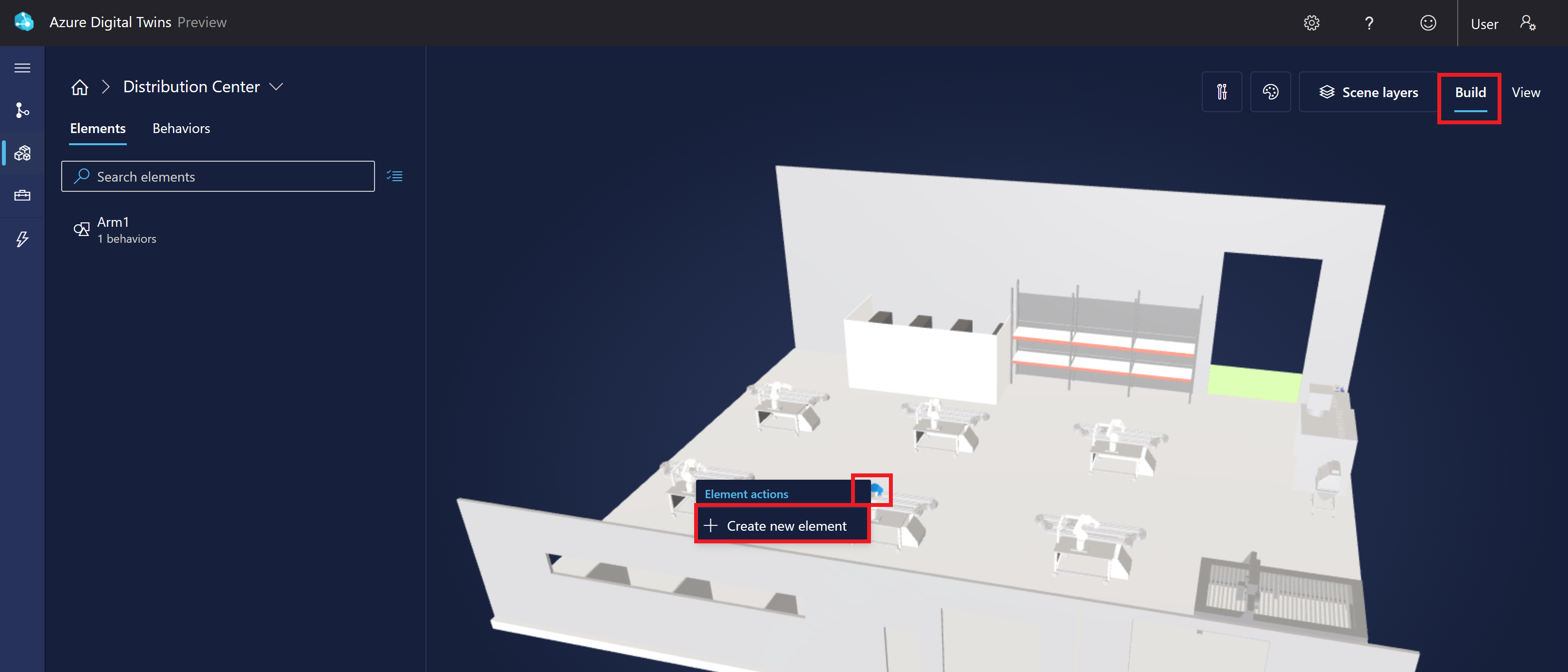 Screenshot of the factory scene in 3D Scenes Studio. A different arm is highlighted with an option to create a new element.