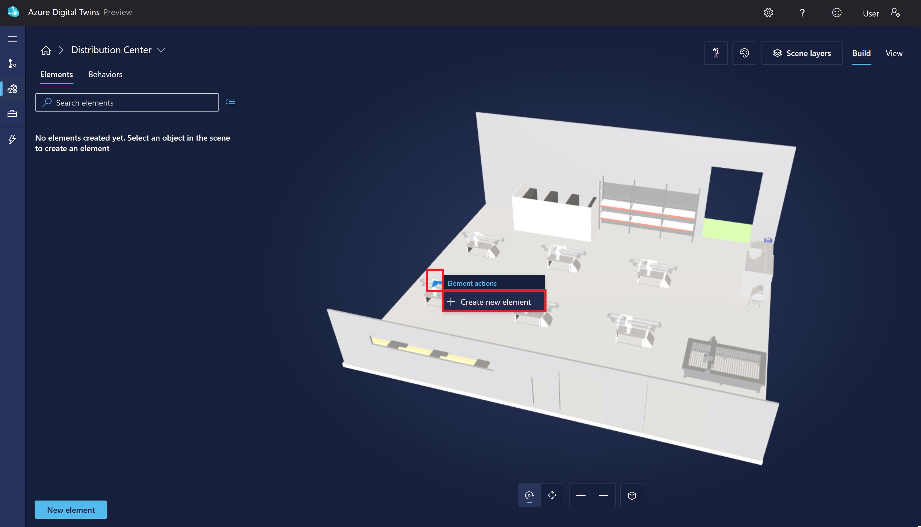 Screenshot of the factory scene in 3D Scenes Studio. A robotic arm is highlighted with an option to create a new element.