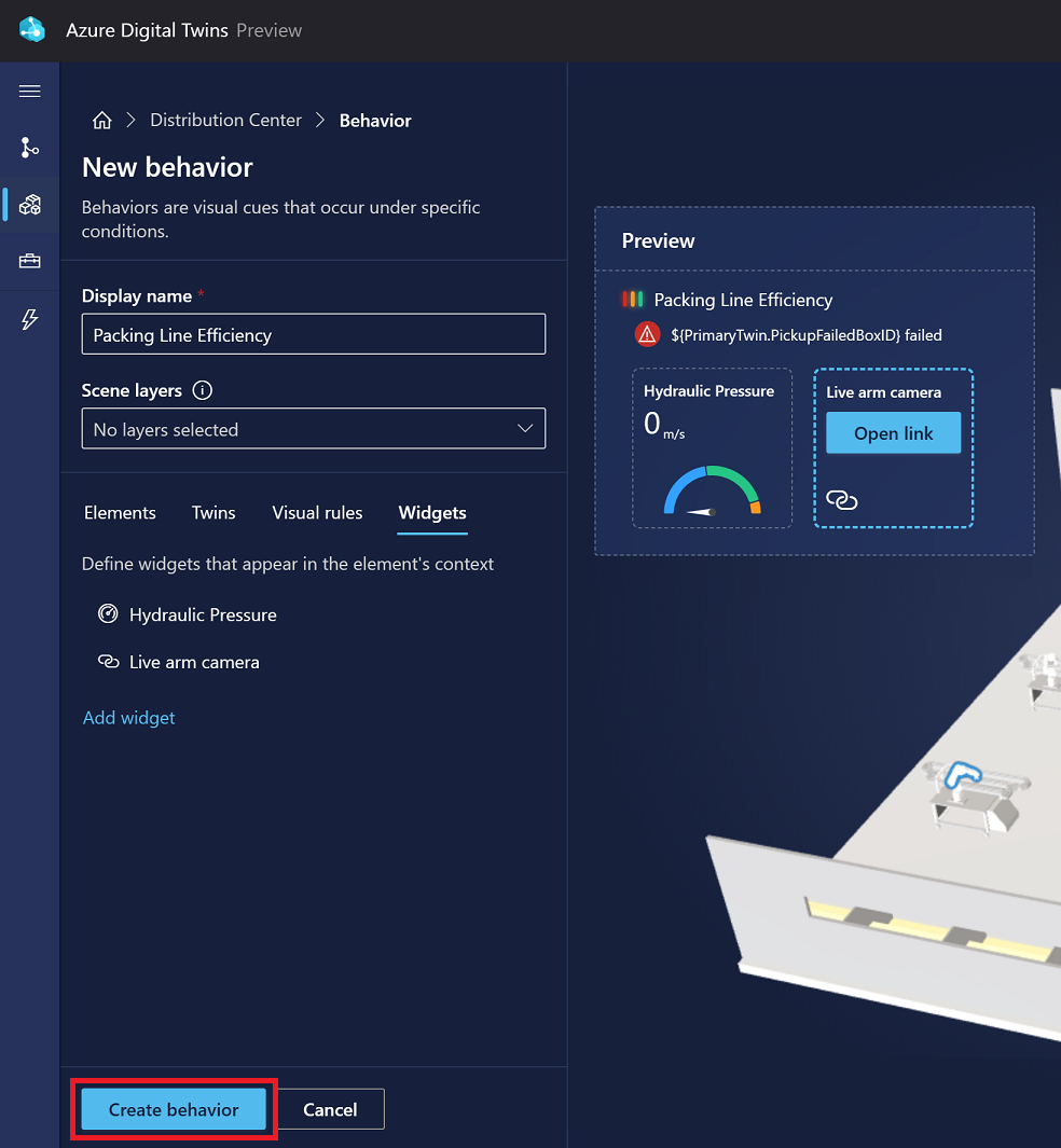 Screenshot of the New behavior options in 3D Scenes Studio, highlighting Create behavior.