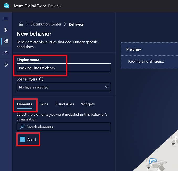 Screenshot of the New behavior options in 3D Scenes Studio, showing the Elements options.