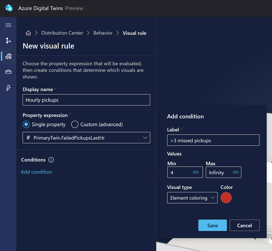 Screenshot of the Add condition options in 3D Scenes Studio creating the coloring condition.