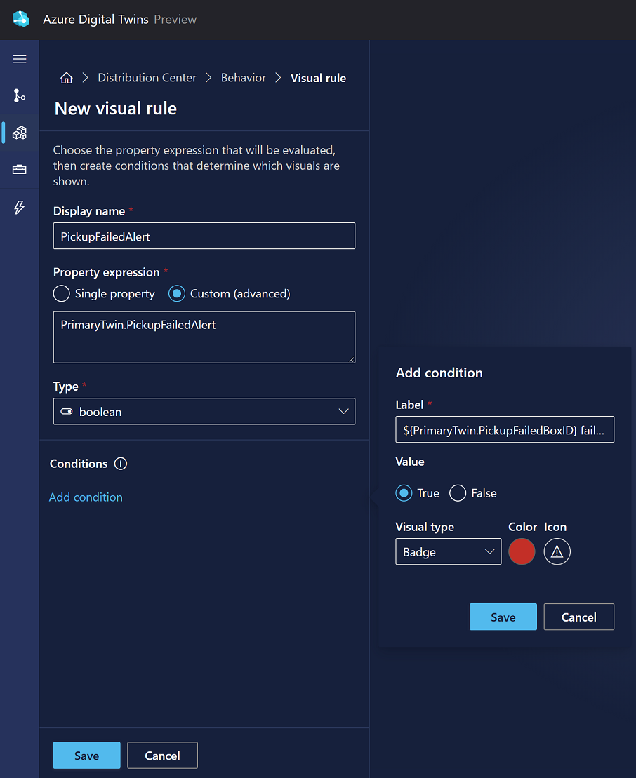 Screenshot of the Add condition options in 3D Scenes Studio creating the badge condition.