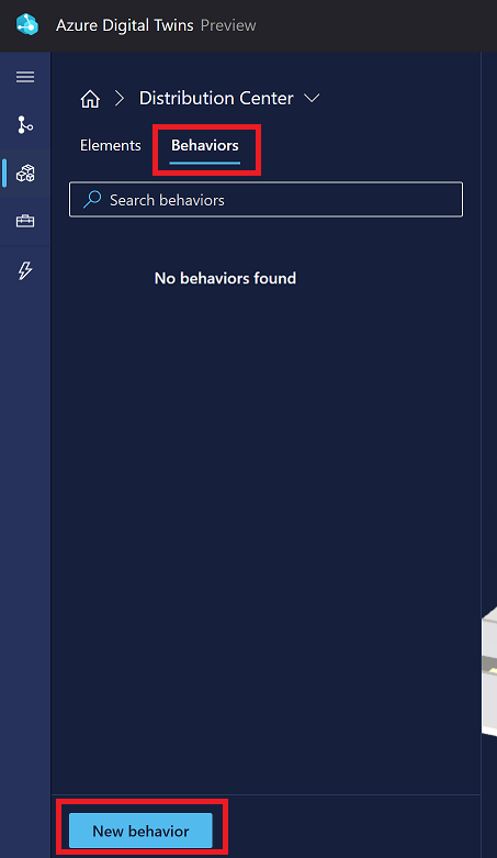 Screenshot of the New behavior button in 3D Scenes Studio.
