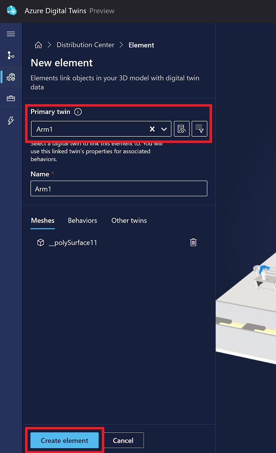 Screenshot of the New element options in 3D Scenes Studio.