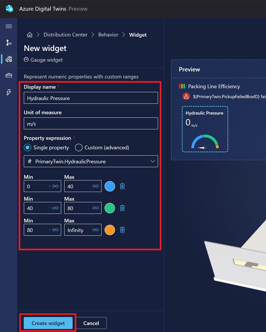 Screenshot of the New widget options in 3D Scenes Studio for the gauge widget.