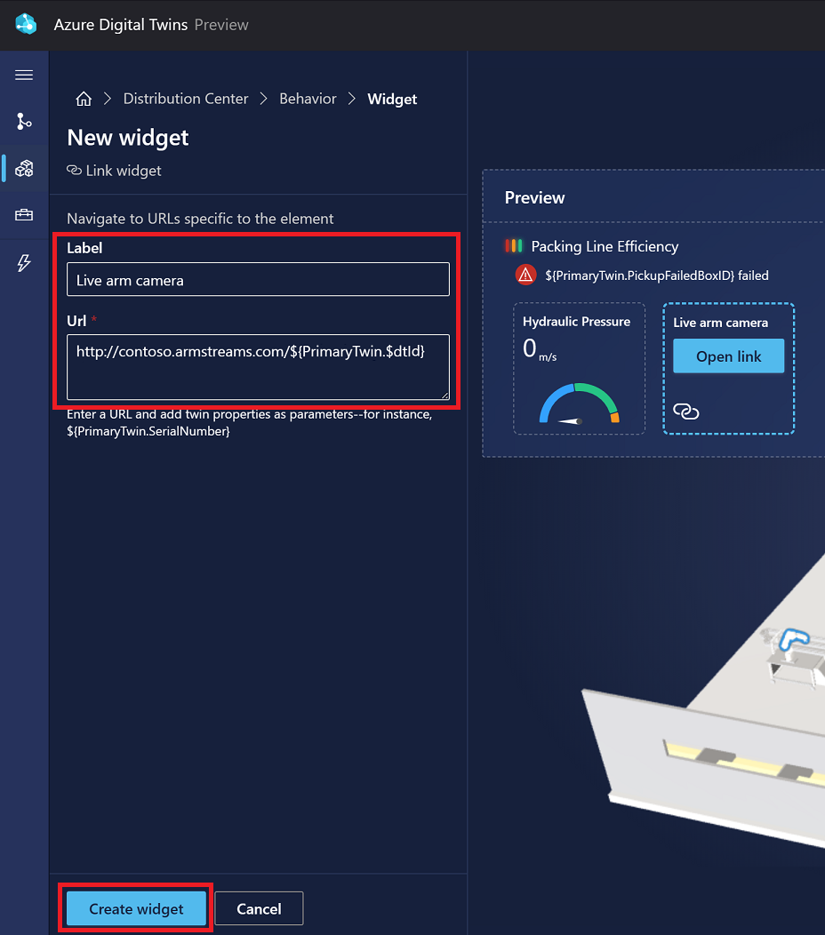 Screenshot of the New widget options in 3D Scenes Studio for a link widget.