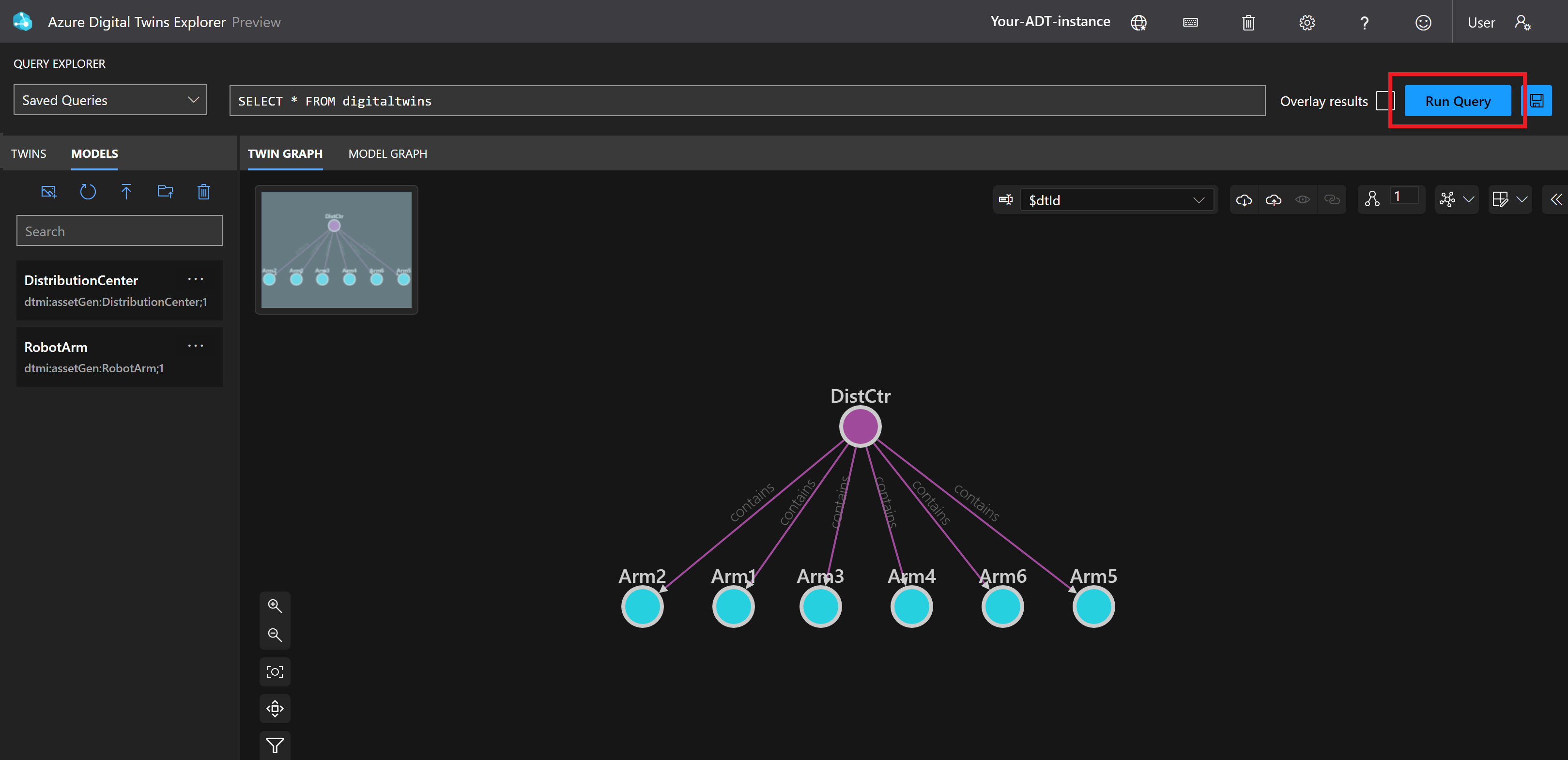 Screenshot of the Azure Digital Twins Explorer highlighting the Run Query button in the upper-right corner of the window.