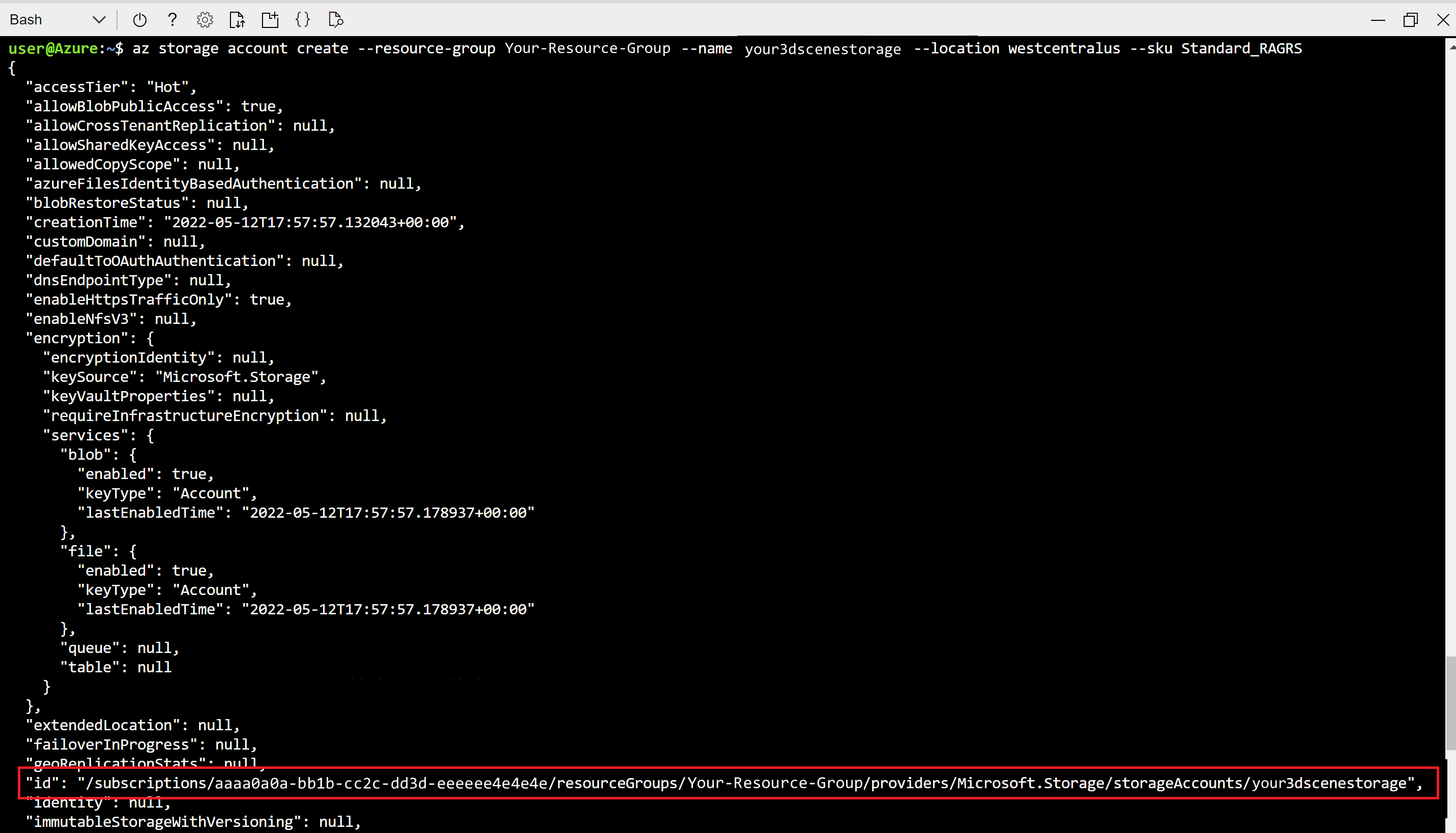 Screenshot of Cloud Shell output. The ID of the storage account is highlighted.