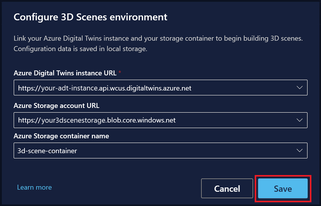 Screenshot of 3D Scenes Studio highlighting the Save button for the environment.