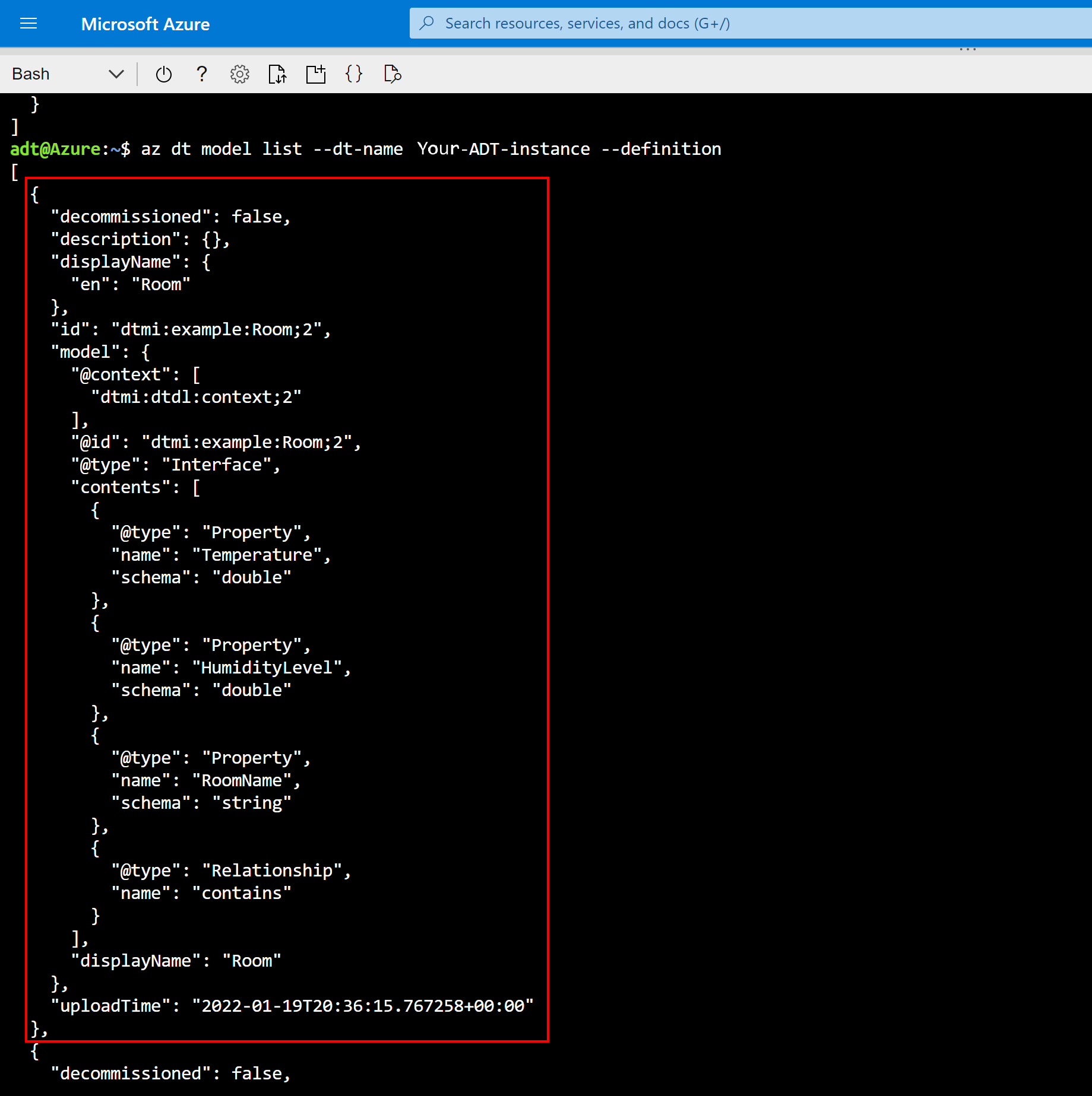 Screenshot of Cloud Shell showing result of the model list command, which includes the updated Room model.