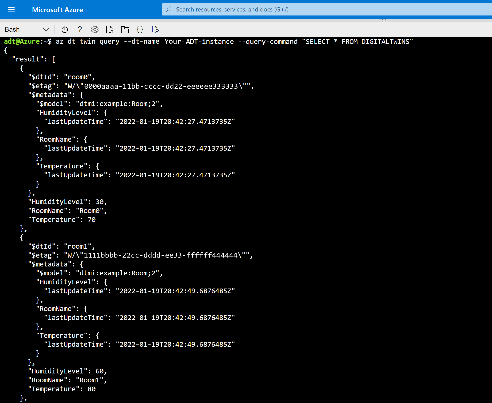 Screenshot of Cloud Shell showing partial result of twin query, including room0 and room1.