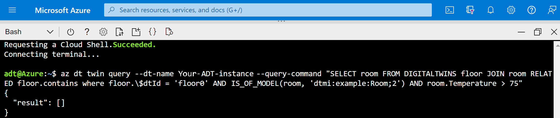 Screenshot of Cloud Shell showing result of compound query, which doesn't include any items.
